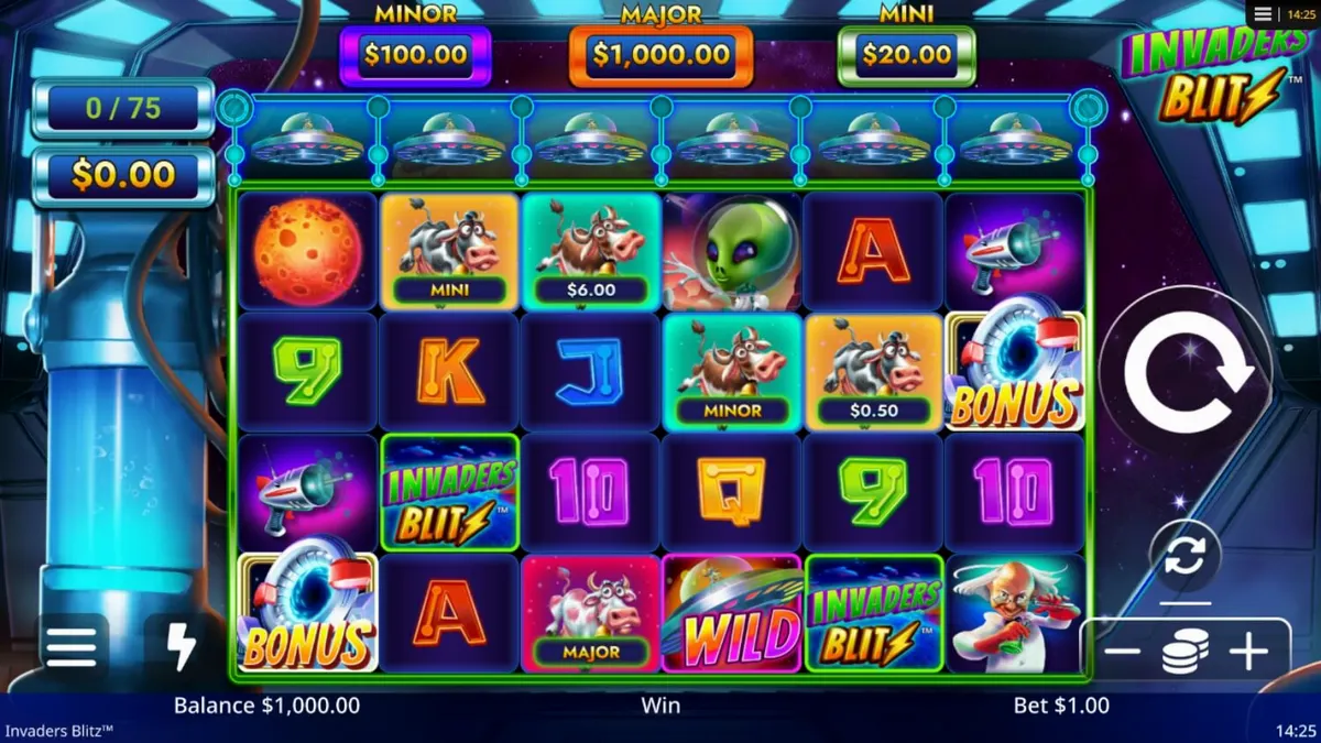Tampilan antarmuka game slot Invaders Blitz di layar ponsel pintar