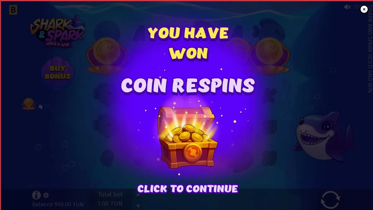 Tampilan visual slot Shark & Spark Hold & Win dengan tema bawah laut yang penuh warna